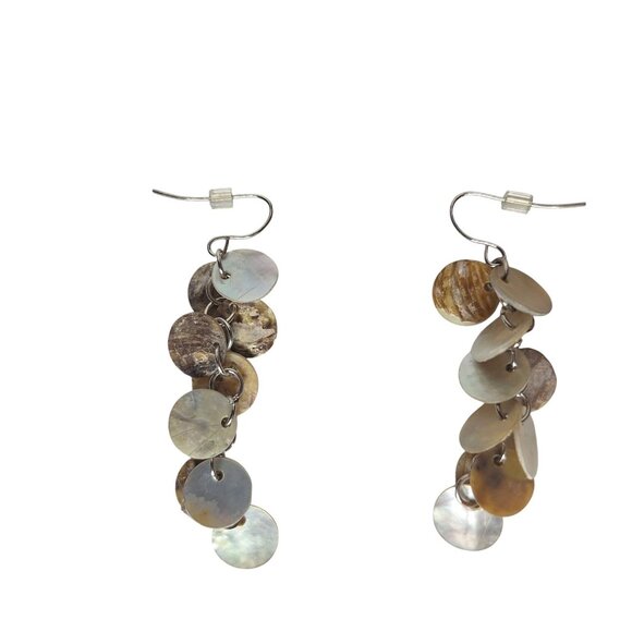 Boho Shell Disc Dangle Earrings Handmade Natural Multi-Tone Drop Jewelry - Picture 2 of 3